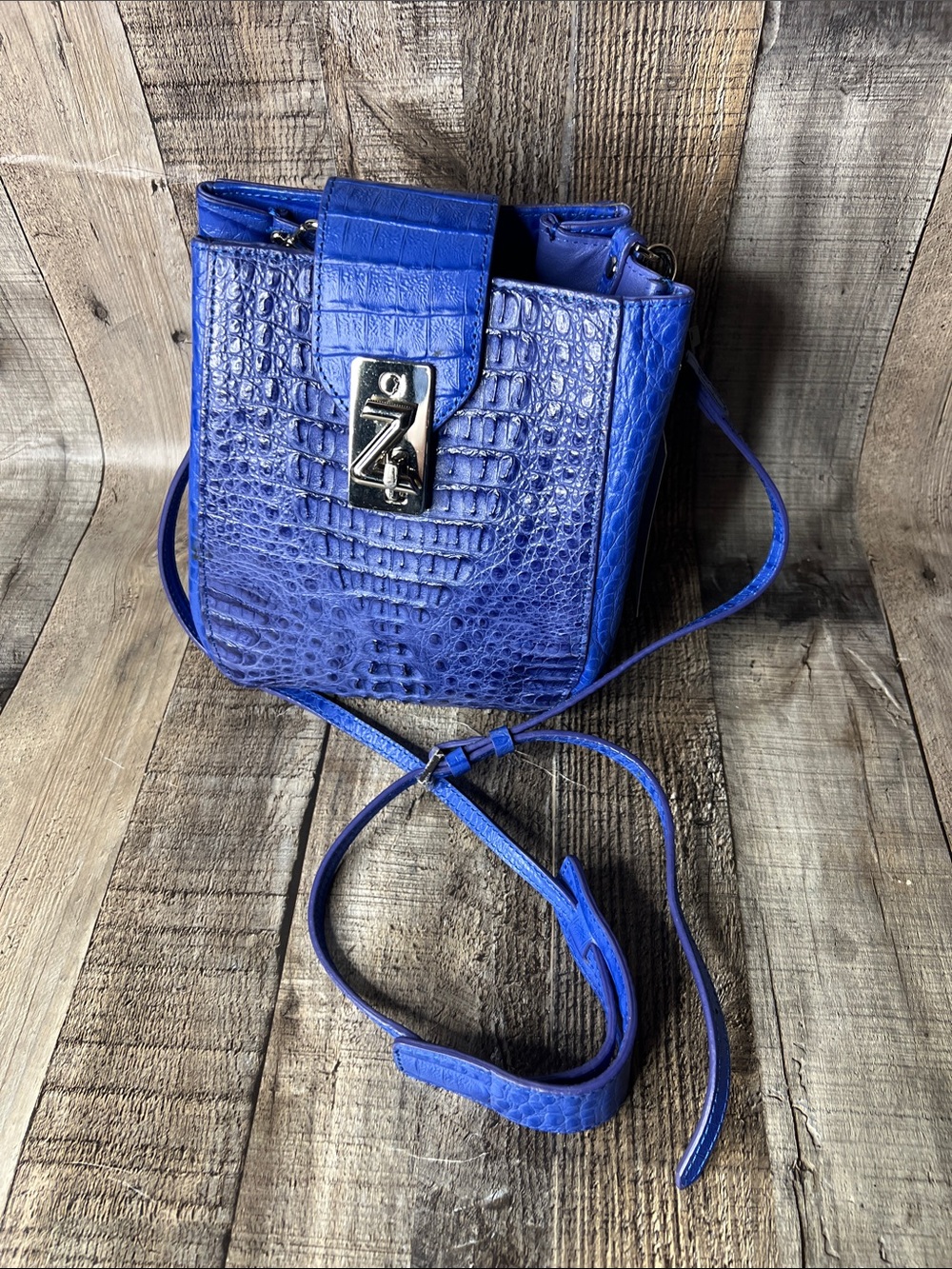 Zarmoi Blue Croc-Embossed Crossbody Bag with Turn-Lock